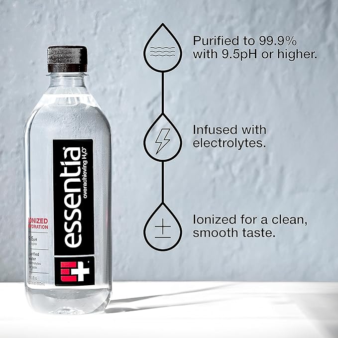 Essentia Bottled Water LLC, Ionized Alkaline Water; 99.9% Pure, Infused with Electrolytes, 9.5 pH or Higher a Clean, Smooth Taste, 20 Fl Oz (Pack of 24)