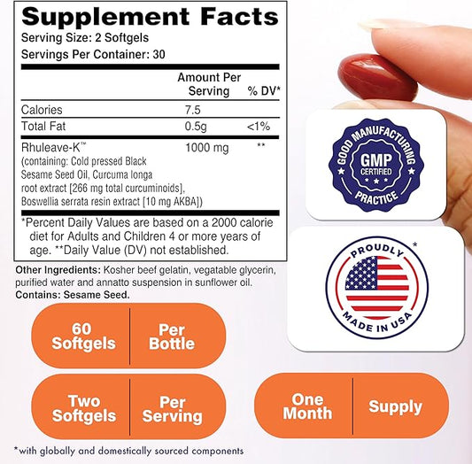 Health Thru Nutrition Acute Formula | Rhuleave-K 1,000mg Curcumin, Boswellia and Black Sesame Seed Oil | Joint and Muscle Fast Acting | Clinically Studied | Non-GMO (Pack of 60)