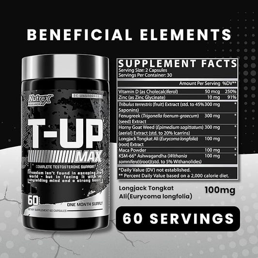 Nutrex Research T-UP Testosterone Booster Supplement for Men - Increase Levels, Boost Strength & Recovery - 60 Capsules