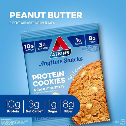 Atkins Peanut Butter Protein Cookie, Protein Dessert, Rich in Fiber, 3g Net Carb, 1g Sugar, Keto Friendly, 4 Count