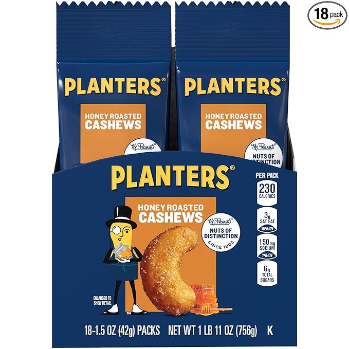 Planters Honey Roasted & Salted Cashews, 1.5 Ounce (Pack of 18)