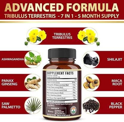 Tribulus Terrestris Supplement for Men & Women, 5-Month Supply with Ashwagandha, Panax Ginseng, Saw Palmetto, Maca, Shilajit, 150 Count