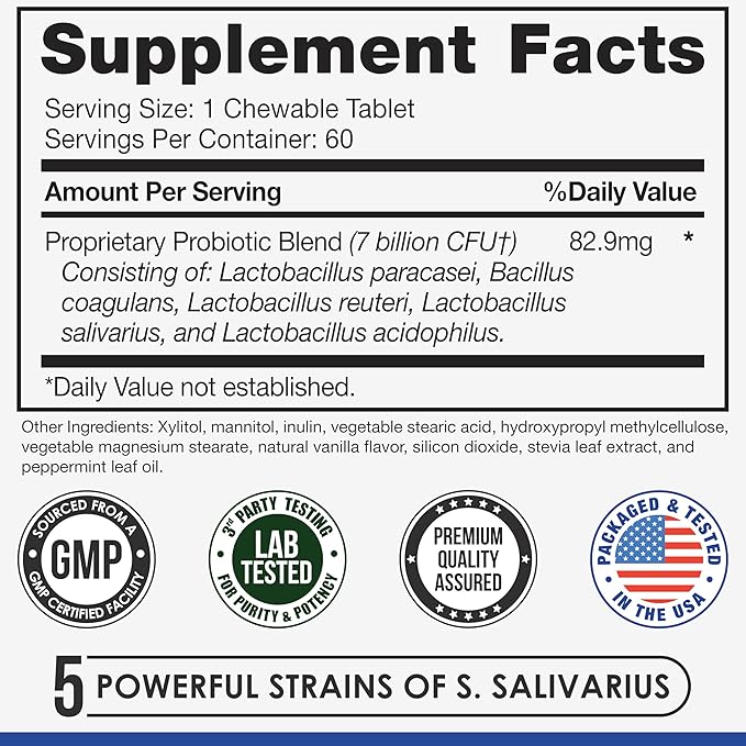 Oral Probiotics for Mouth Bad Breath Treatment for Adults - Dental Probiotics for Teeth and Gums - Oral Health Probiotics - 60 Lozenges Peppermint Flavor