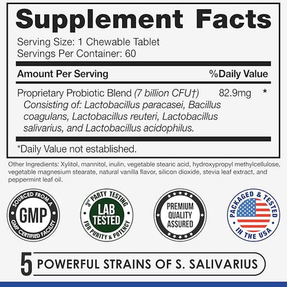 Oral Probiotics for Mouth Bad Breath Treatment for Adults - Dental Probiotics for Teeth and Gums - Oral Health Probiotics - 60 Lozenges Peppermint Flavor