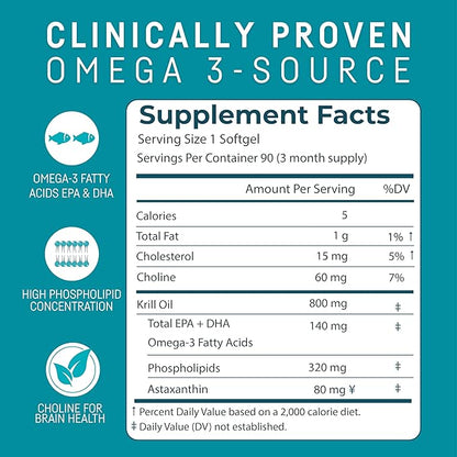 Kori Krill Antarctic Krill Oil Omega 3 Supplement, 800 mg, 90 softgels
