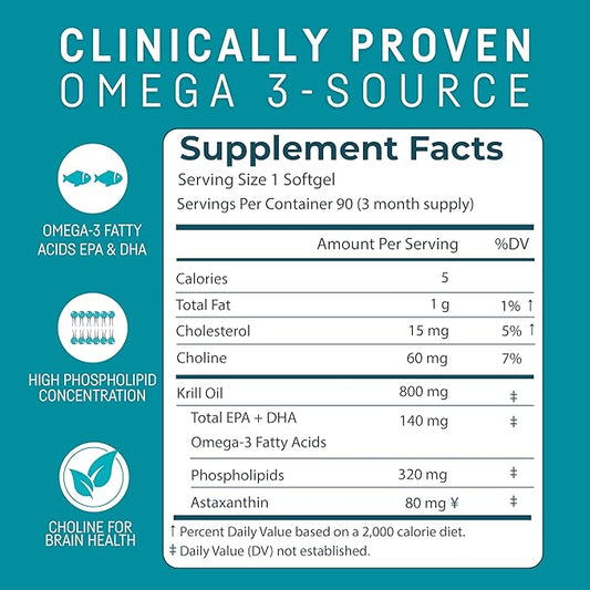 Kori Krill Antarctic Krill Oil Omega 3 Supplement, 800 mg, 90 softgels
