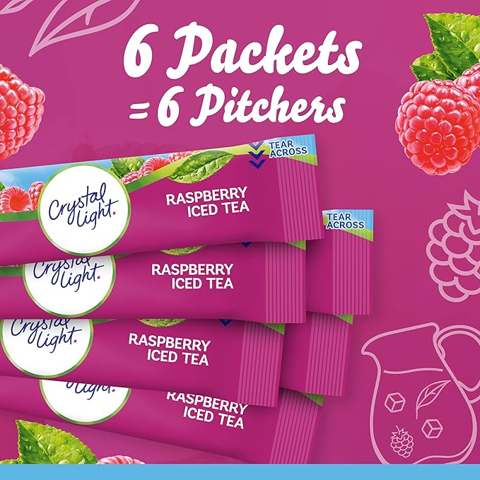 Crystal Light Raspberry Iced Tea Naturally Flavored Powdered Drink Mix, 72 ct Pack, 12 Canisters of 6 Pitcher Packets