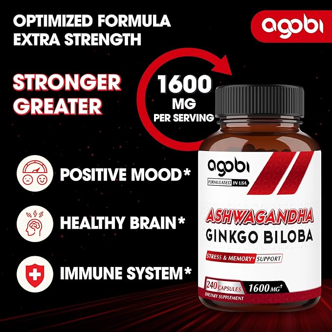 agobi 1600mg Ashwagandha with Ginkgo Biloba Supplement 240 Veggie