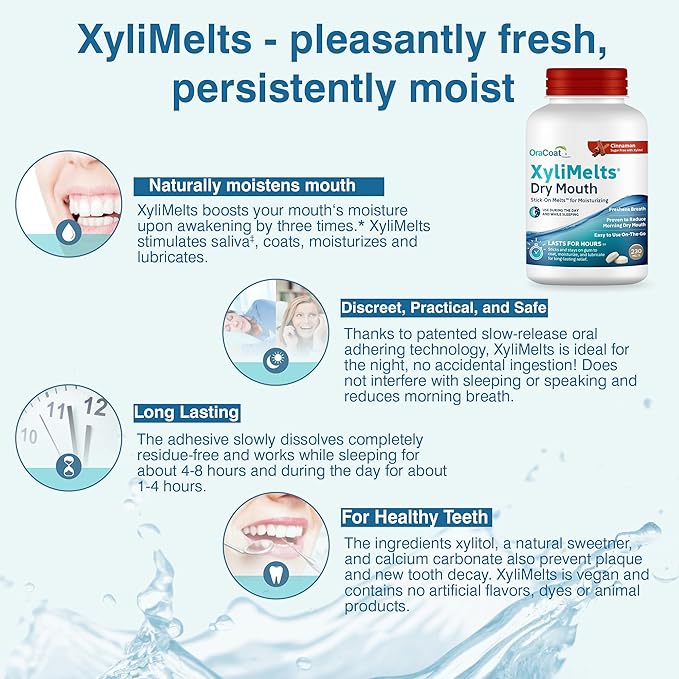 OraCoat XyliMelts Dry Mouth Relief Moisturizing Stick-On-Melts with Xylitol, 230 Count, Cinnamon, Helps Stimulate Saliva for Dry Mouth, Non-Acidic, Day & Night Use, Time Release for Up to 8-Hour