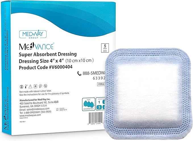 MedVance Super Absorbent Dressing, Non-Adhesive Pads 1st/2nd Degree 5 dressings (4"x4" Bandage, 2.75"x2.75" Absorbent