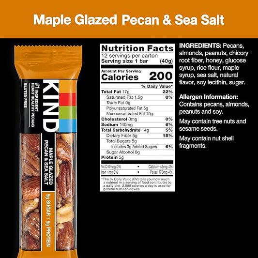 KIND Nut Bars, Maple Glazed Pecan & Sea Salt, Healthy Snacks, Gluten Free, Low Sugar, 5g Protein, 12 Count