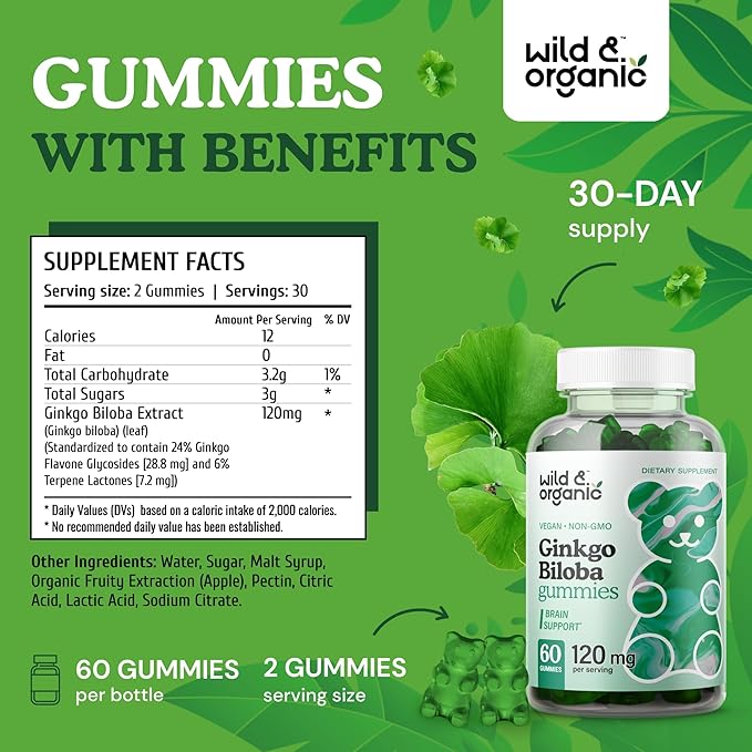 Wild & Organic Gingko Biloba 120mg Gummies 60 Pectin-Based