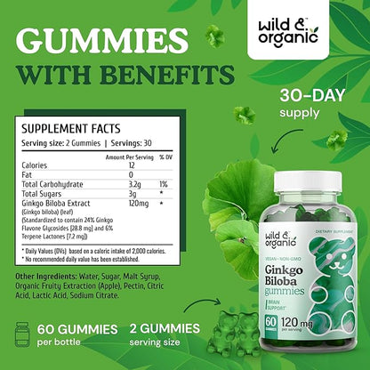 Wild & Organic Gingko Biloba 120mg Gummies 60 Pectin-Based