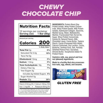 Pure Protein Bars, High Protein, Nutritious Snacks to Support Energy, Low Sugar, Gluten Free, Chewy Chocolate Chip, 1.76oz (Pack of 12), Packaging may vary