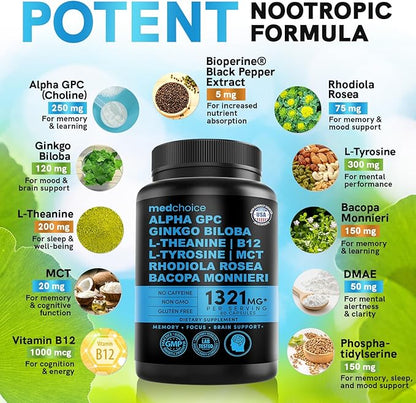11-in-1 Nootropic Brain Supplements: Memory & 1321mg, 60ct 60ct - (1 pack)