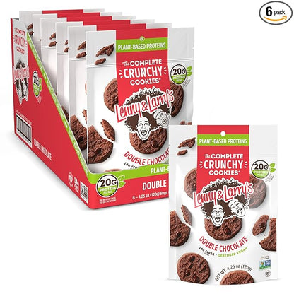 Lenny & Larry's The Complete Crunchy Cookie, Double Chocolate, 6g Plant Protein, Vegan, Non-GMO, 4.25 Ounce Pouch (Pack of 6)