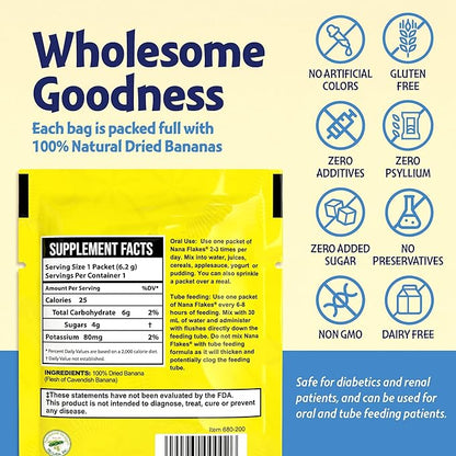 Nutritional Designs Nana Flakes Anti-Diarrheal Banana Powder, IBS Relief & Heart Burn Remedy, 100% Pure Banana Flakes Medical Food - Natural - High Protein& Fiber (50 Single-Serve Packs)