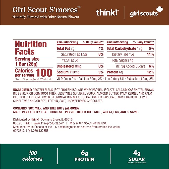 think! Minis Protein Snack Bar, Gluten Free, Girl Scouts S'mores, 15 Count
