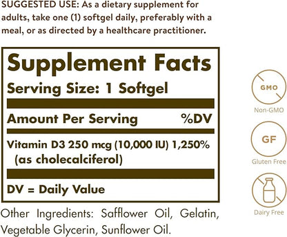 Solgar Vitamin D3 Cholecalciferol 250 MCG 10000 IU 180 Count