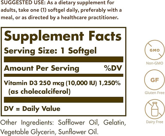 Solgar Vitamin D3 Cholecalciferol 250 MCG 10000 IU 180 Count