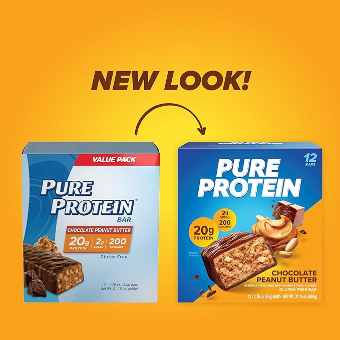 Pure Protein Bars, High Protein, Nutritious Snacks to Support Energy, Low Sugar, Gluten Free, Chocolate Peanut Butter, 1.76oz, 12 Count (Packaging May Vary)