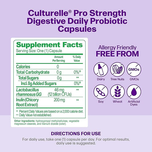 Culturelle Pro Strength Daily Probiotics For Digestive Health (2 Month Supply) with Prebiotics for Women & Men, Supports Occasional Diarrhea, Gas & Bloating, Gluten & Soy Free, 60 Count