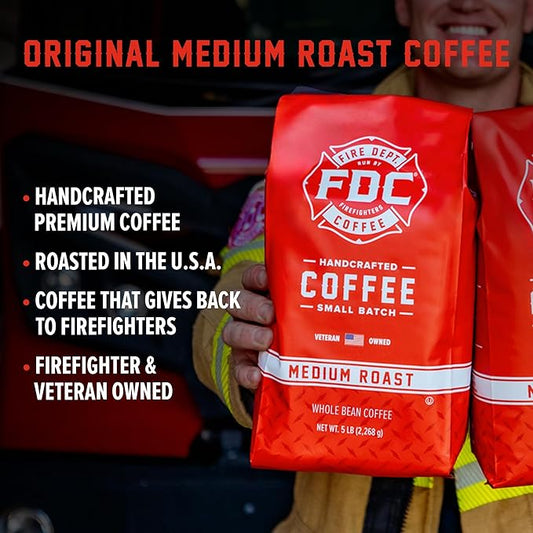 Fire Department Coffee - Gives Back to Firefighters - Balanced & Smooth Original Medium Roast Coffee Beans - Roasted in the USA - Whole Bean - Veteran Owned - Bulk 5 LB