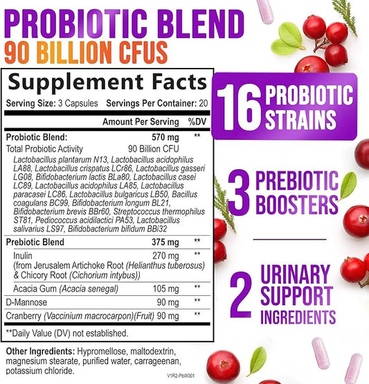 Daily Probiotics for Women - PH Balance, Digestive, UT, & Feminine Health Support, 90 Billion CFU Vaginal Probiotics with Prebiotics, 16 Strains with Cranberry, Pro Biotics for Women, 60 Capsules