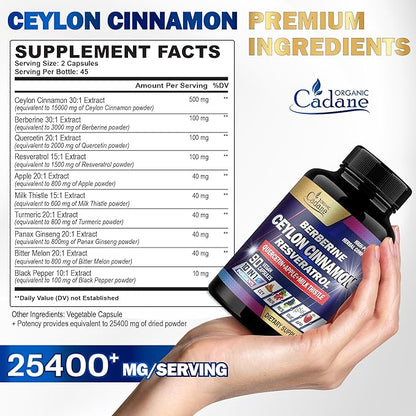 Organic Cadane Ceylon Cinnamon 15000mg Berberine 3000mg Quercetin 2000mg Supplement 10in1 with 90 Veggie