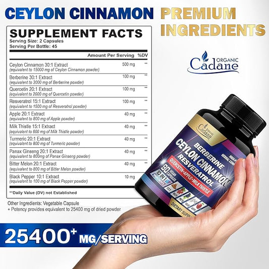Organic Cadane Ceylon Cinnamon 15000mg Berberine 3000mg Quercetin 2000mg Supplement 10in1 with 90 Veggie