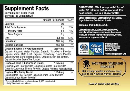 KOA Organics- USDA Organic Pre Workout w/165mg Organic 150g