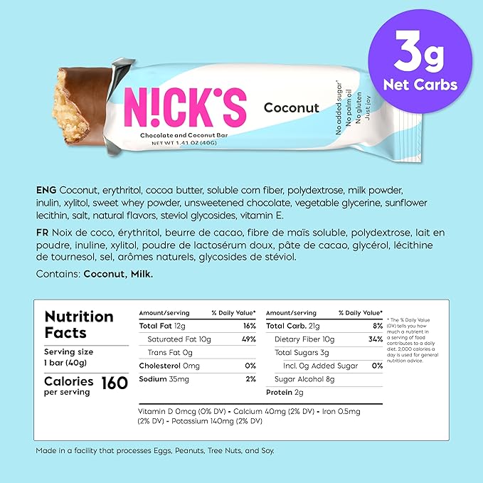 NICKS Coconut Keto Chocolate Candy Bars No Added Sugar 160 Calories, 3.0 Net carbs, Gluten Free Sweets Low carb Candy Snack Bar (Multipack 15x40g)