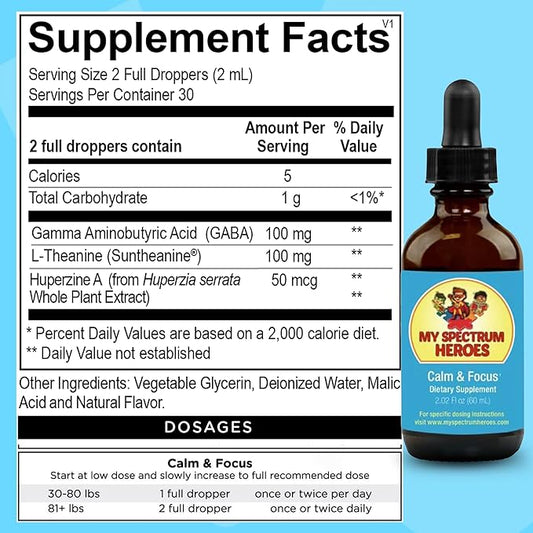 Calm & Focus Supplement Drops - Brain Support with L-theanine, GABA, Huperzine A - Enhance Focus for Kids or Adults - Boost Concentration for Kids & Teens - 2.02 FL oz. (60 ml)