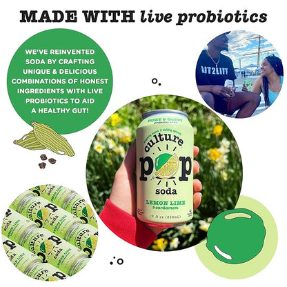 Culture Pop Soda, Lemon Lime, Probiotic Low Sugar Soda, Sparkling Juice Alternative, Non-GMO, Kosher, Gluten-Free, No Stevia (12pk)