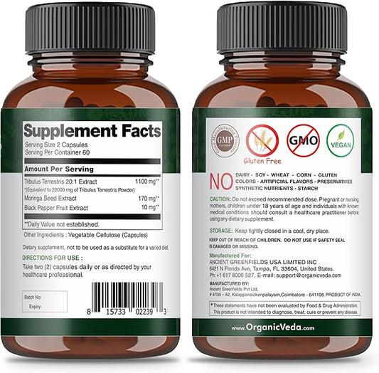 Organic Veda Tribulus Terrestris Extract Capsules 22000mg - 120 Count