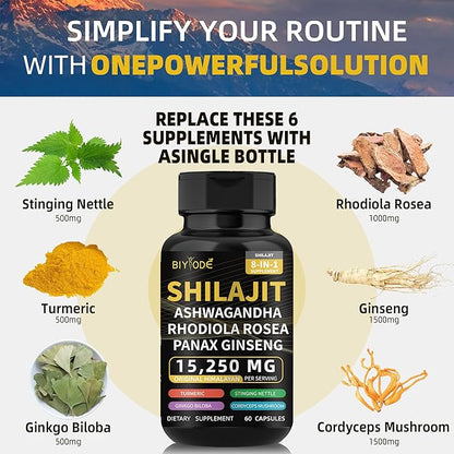 Shilajit Capsules Himalayan 8-in-1 Concentrated, 15250mg 60 Caps, 30 Day
