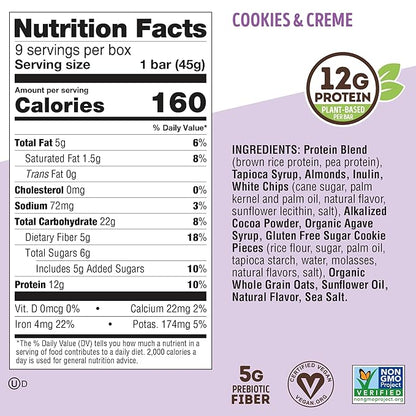 Lenny & Larry's Cookie-fied Protein Bar – Cookies & Creme Vegan Protein Bars 9x45g – Healthy Snacks with 12g Plant Protein & 5g Fiber – Gluten free Power Bar, Keto Friendly, Non-GMO & Vegan