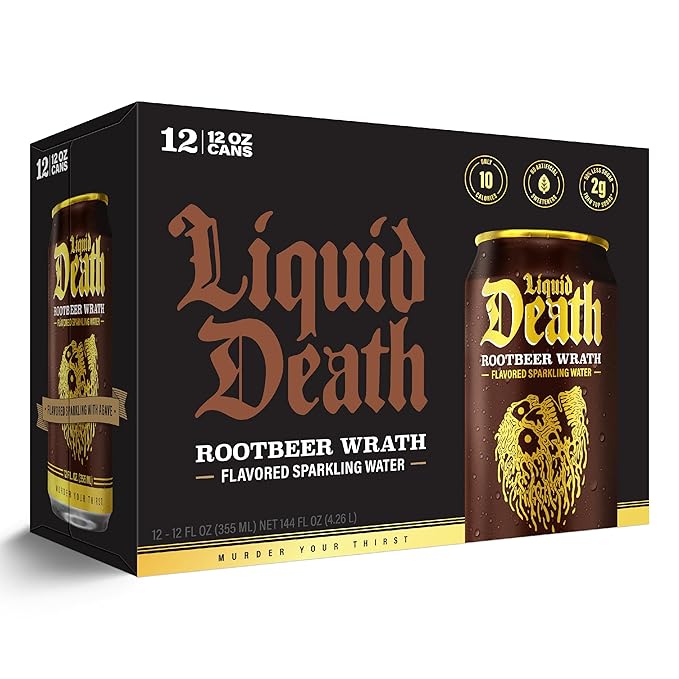 Liquid Death, Rootbeer Wrath, Root Beer-Flavored Sparkling Water, 12-Pack (12oz Cans), Low Calorie & No Artificial Sweeteners