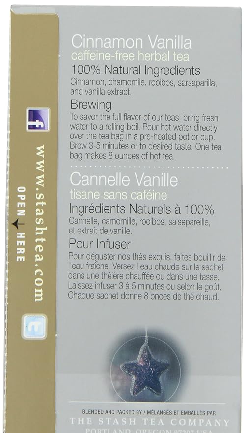 Stash Tea Cinnamon Vanilla Herbal Tea - Naturally Caffeine Free, Non-GMO Project Verified Premium Tea with No Artificial Ingredients, 18 Count (Pack of 6) - 108 Bags Total