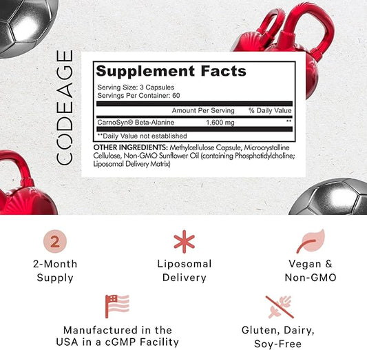 Codeage Liposomal Beta-Alanine Supplement, CarnoSyn Beta 1600 mg, 2-Month Supply, 180 Capsules