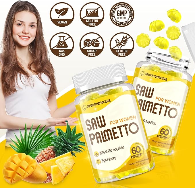 Saw Palmetto for Women - DHT Blocker Hair Growth Supplement - 500mg Potent Saw Palmetto Gummies for Hair, Skin, Nails, Urinary Wellness - Mango-Pineapple Flavor - 120 Gummies