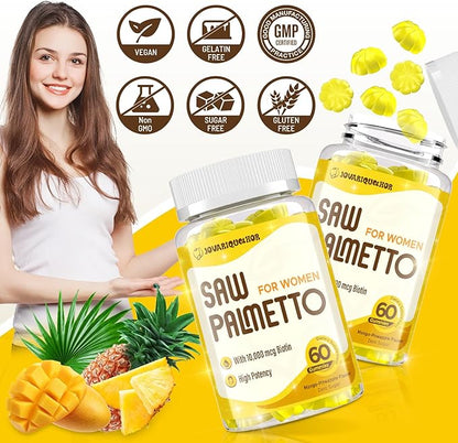Saw Palmetto for Women - DHT Blocker Hair Growth Supplement - 500mg Potent Saw Palmetto Gummies for Hair, Skin, Nails, Urinary Wellness - Mango-Pineapple Flavor - 120 Gummies