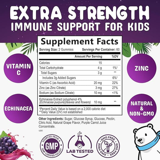 Kids Immune Support Gummy - Vitamin C, Zinc & Echinacea, Daily Children's Immune Support Gummies for Kids Ages 4 and Up, Nature's Vitamins for Kids, Vegan & Non-GMO, Natural Berry Flavor - 120 Gummies