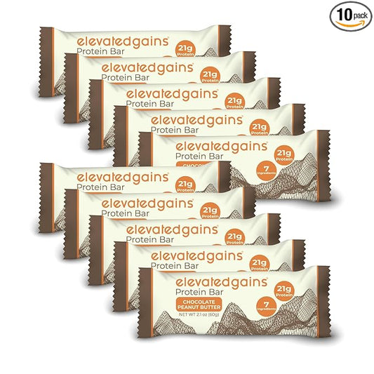 Elevated Gains Chocolate Peanut Butter Protein Bars, 10 Pack - 20g of Protein & 7 Natural Ingredients, Sweetened with Honey, No Artificial Sweeteners, Healthy Snack for On the Go