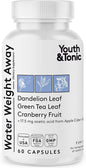 Youth & Tonic Natural Water Weight Away Pills for Belly Bloating, Water Retention & Fluid Loss – Herbal Diuretics for Swollen Legs, Feet, and Swelling – Dandelion Diuretic for Women & Men – 60 Caps