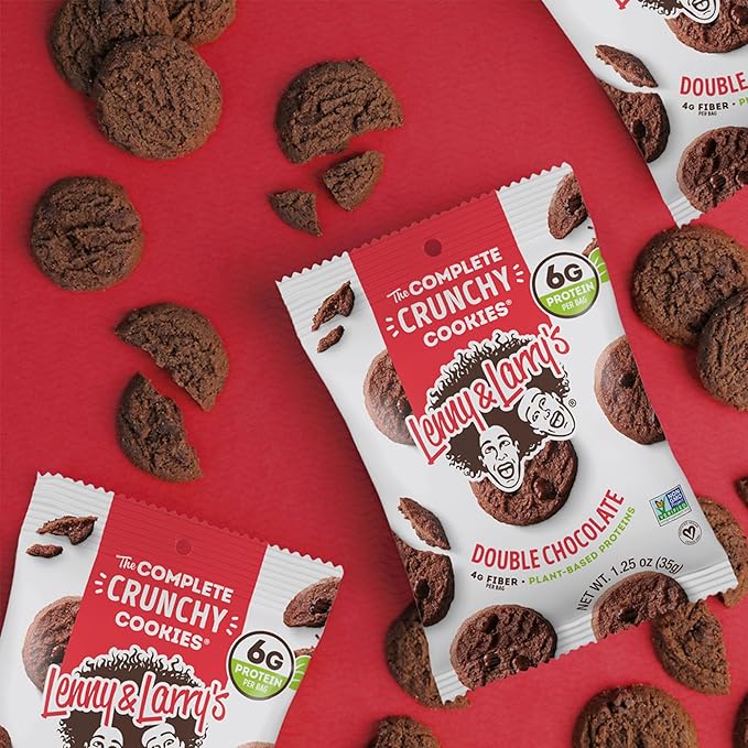 Lenny & Larry's The Complete Crunchy Cookie, Double Chocolate, 6g Plant Protein, Vegan, Non-GMO, 1.25 Ounce Pouch (Pack of 12)