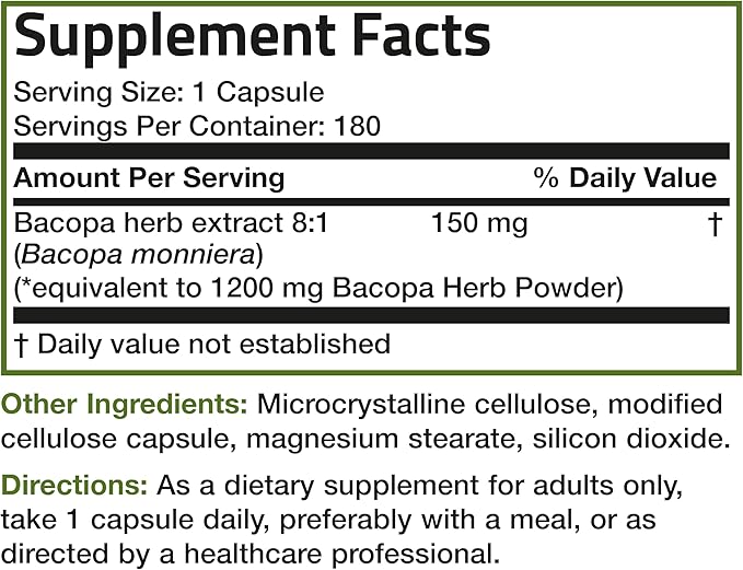Bronson Bacopa Supports Healthy Brain Function and Mental Performance, Traditional Herb, Non-GMO, 180 Vegetarian Capsules