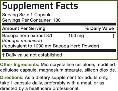 Bronson Bacopa Supports Healthy Brain Function and Mental Performance, Traditional Herb, Non-GMO, 180 Vegetarian Capsules