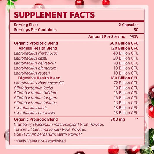 Probiotics for Women - 300 Billion CFU Probiotic, 12 Strains Probiotics with Cranberry, Selected Women Probiotic for Vaginal, Urinary, pH Balance, Diarrhea, Digestive Gut & Immune Health - 120 Capsule