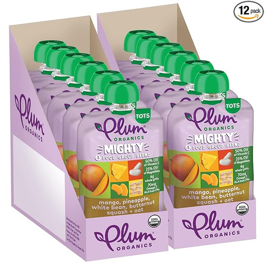 Plum Organics Mighty 4 Organic Toddler Food - Mango, Pineapple, White Bean, Butternut Squash, and Oat - 3.75 oz Pouch (Pack of 12) - Organic Fruit and Vegetable Toddler Food Pouch
